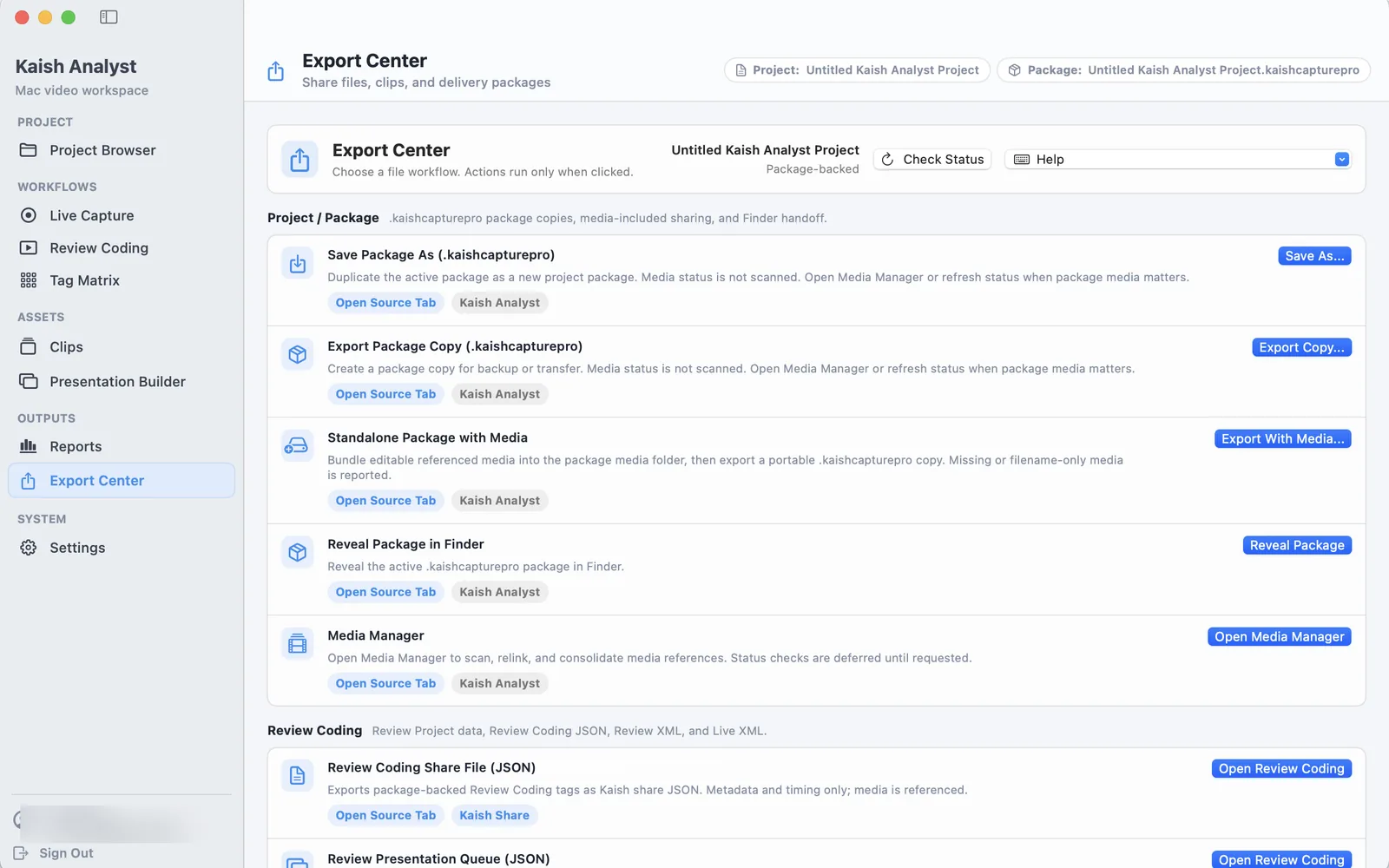 Kaish Analyst Export Center with package copy, standalone media, Finder, and Media Manager actions