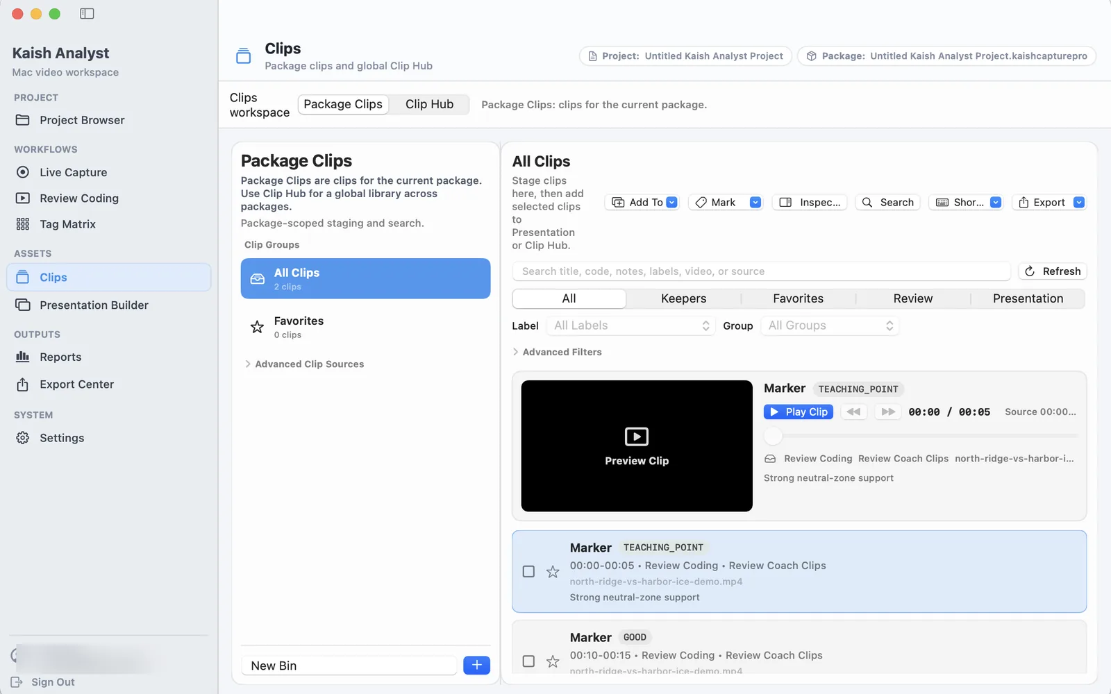 Kaish Analyst Clips workspace with Package Clips, Clip Hub, filters, preview, and selected teaching moments