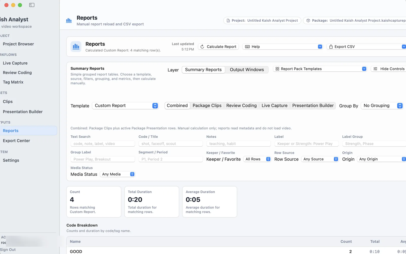 Kaish Analyst Reports workspace with source and grouping controls plus calculated count and duration results