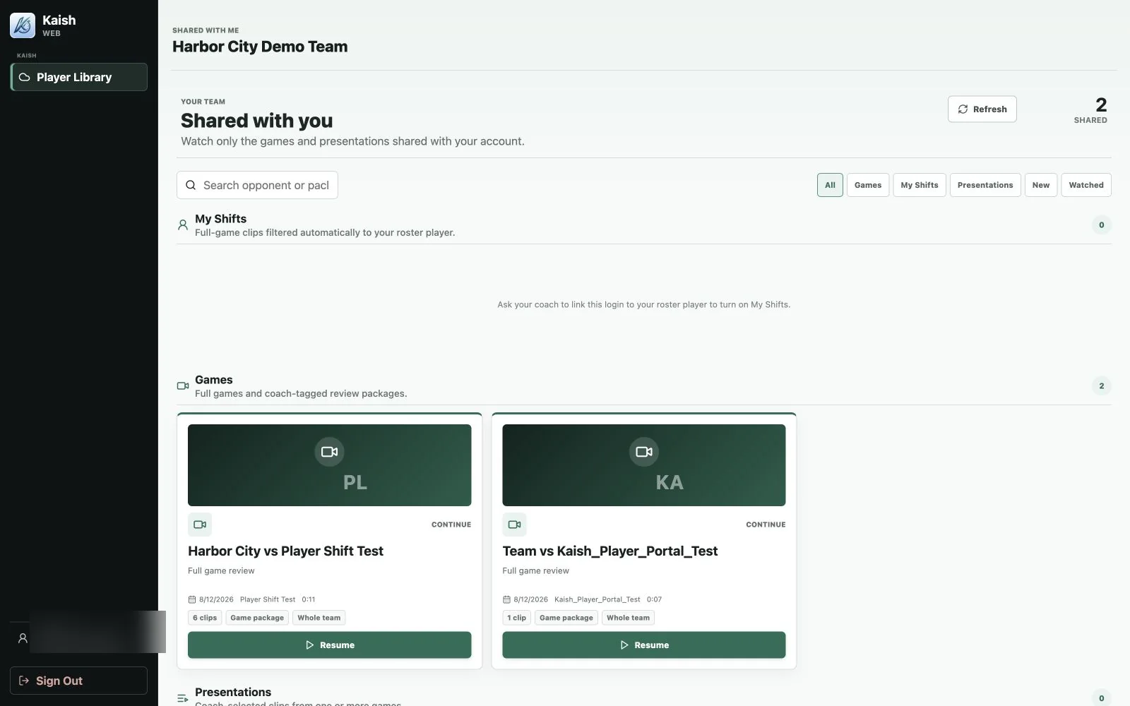 Kaish Web player-only Viewer Library with identity details redacted
