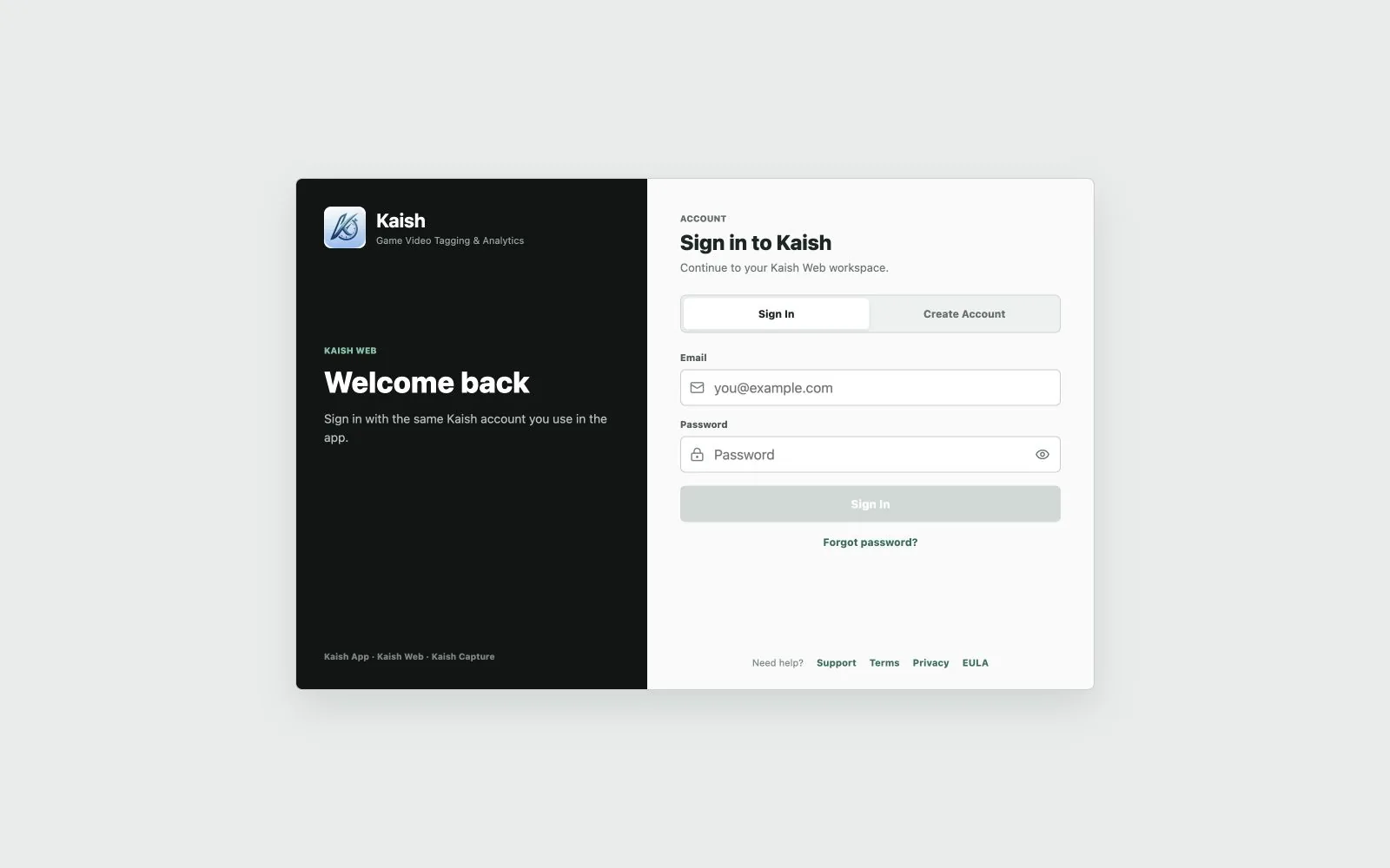 Kaish Web sign-in page using a safe example email