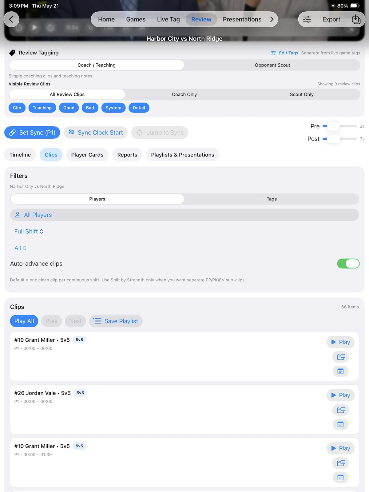 Kaish App Review clips view with player filters and clip-level actions