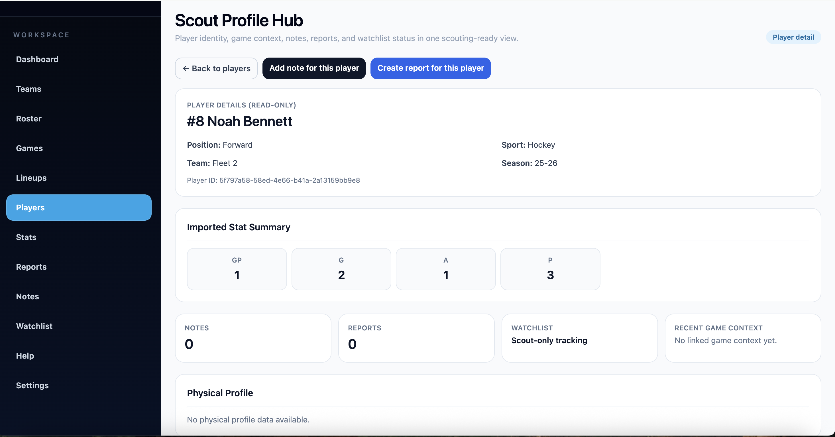 Kaish Scout player profile with stat snapshot and scouting actions