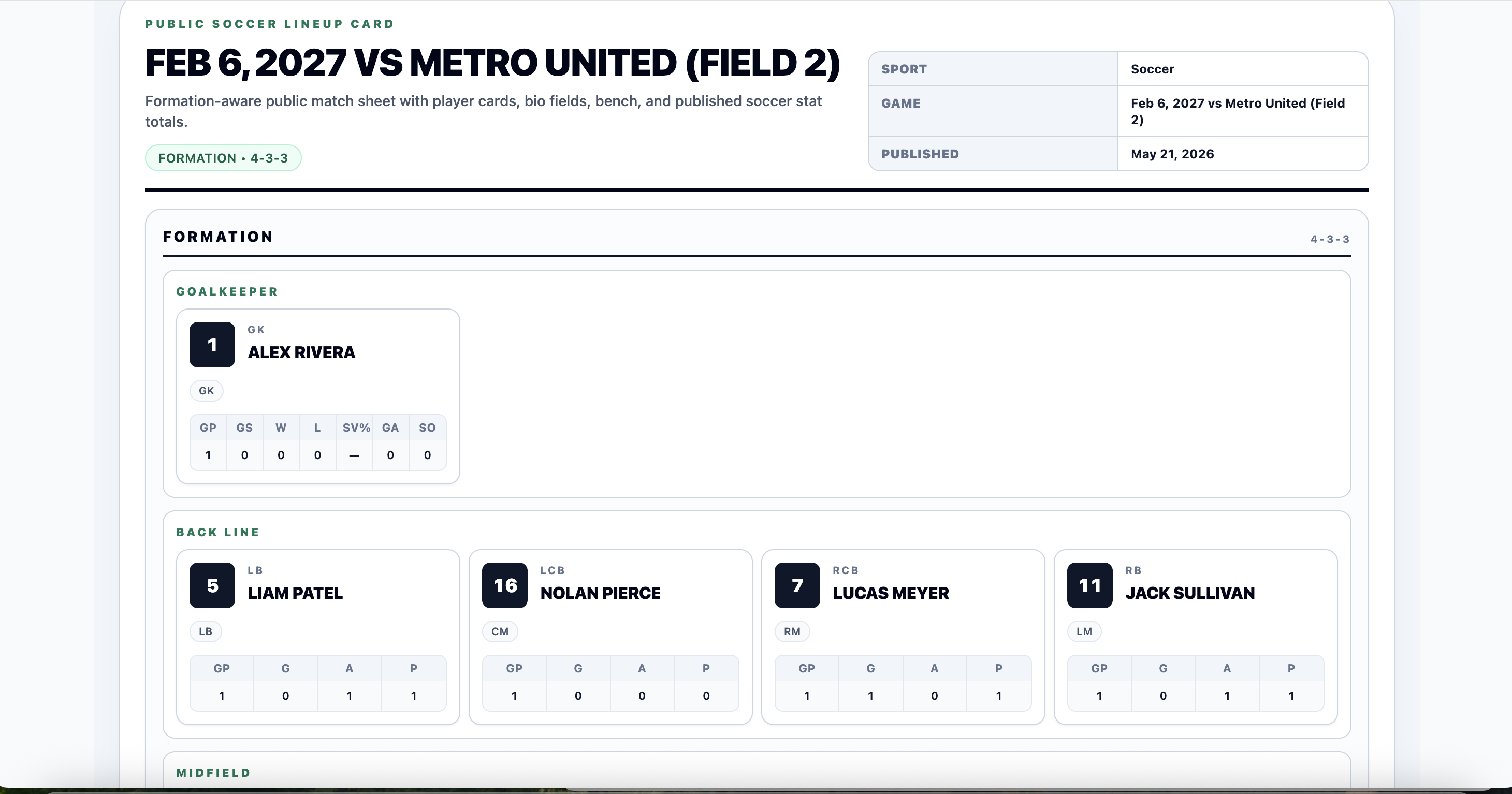 Kaish soccer public lineup card with formation sections and player cards